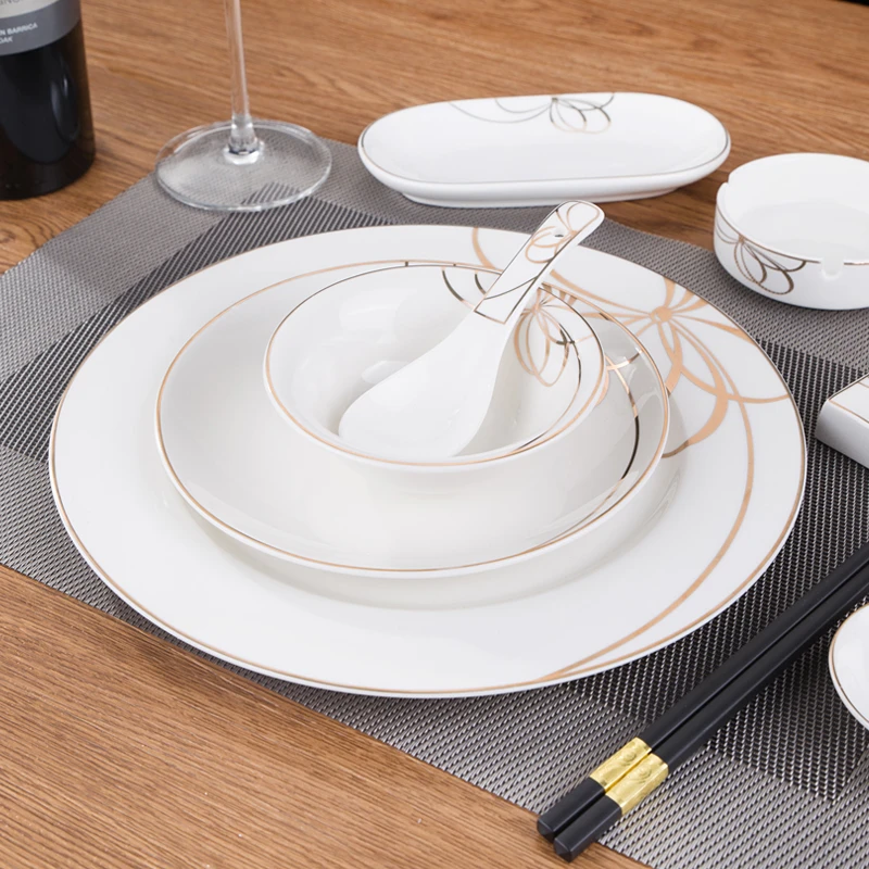 现代中式酒店摆台餐具金边蝴蝶结碗碟杯勺三件套饭店用品陶瓷套装