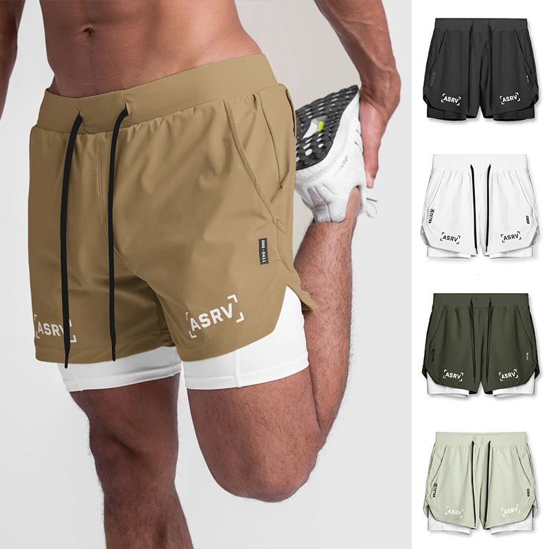 ASRV运动健身短裤男双层训练跑步弹力透气假两件修身五分裤子夏季