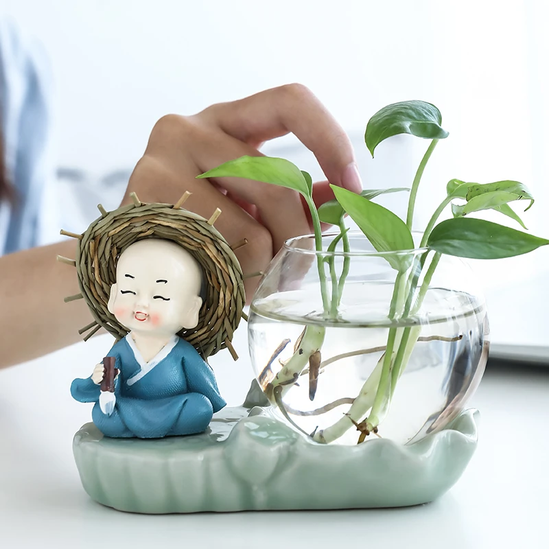 禅意小和尚水培绿萝摆件家居装饰品桌面微景观茶道树脂小沙弥花器