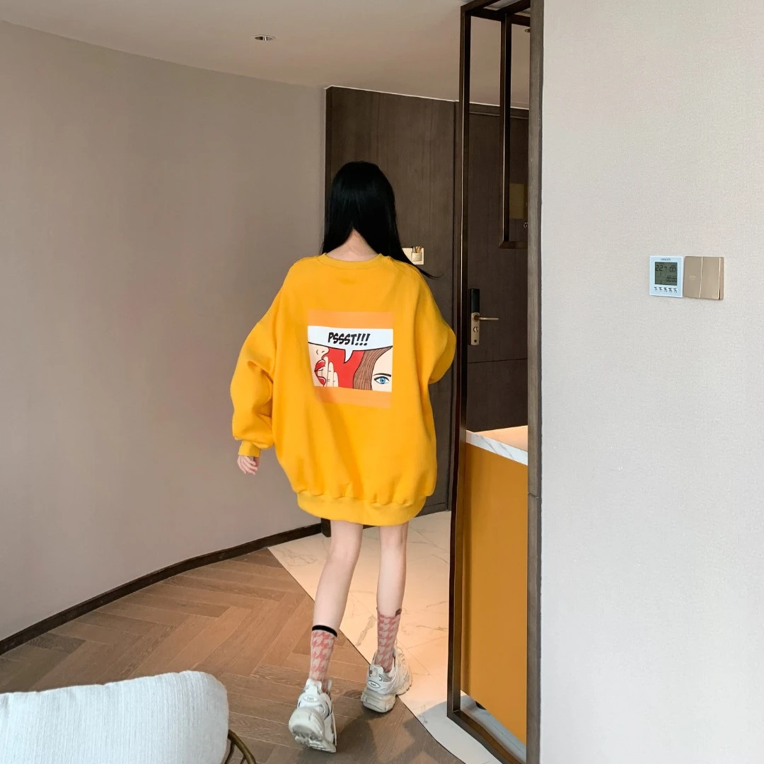 潮牌减龄黄色卫衣女设计感小众复古港风chic春秋薄款宽松bf慵懒风