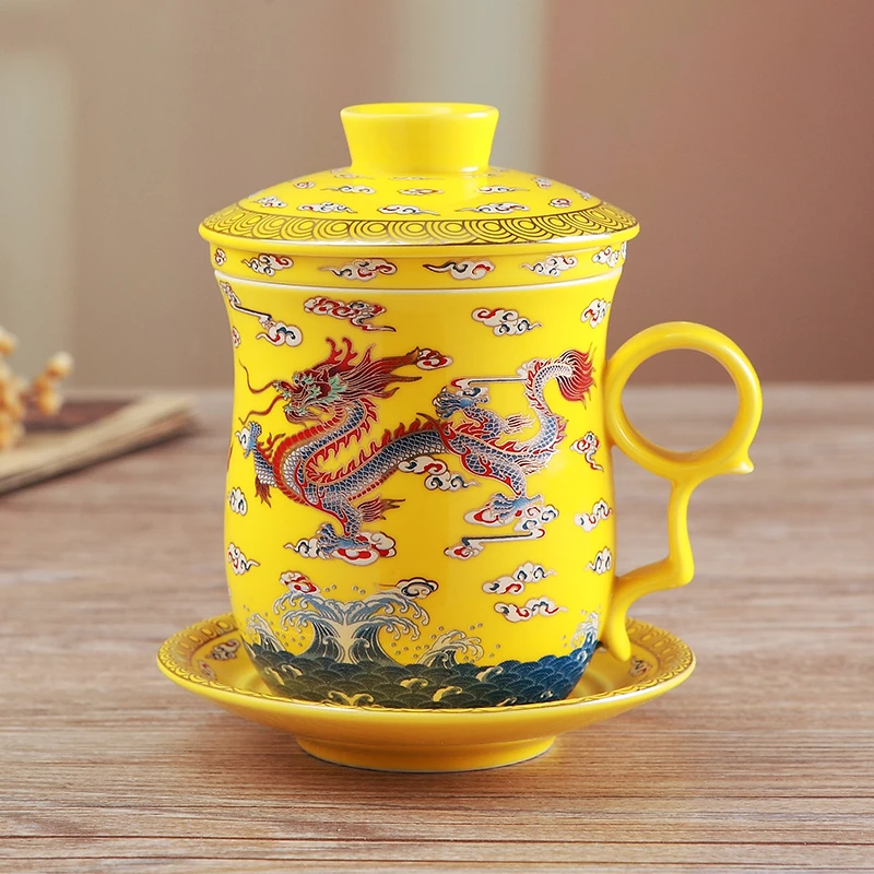 九楼阁景德镇陶瓷过滤带盖茶杯高档大号色釉茶杯办公杯男白瓷中式