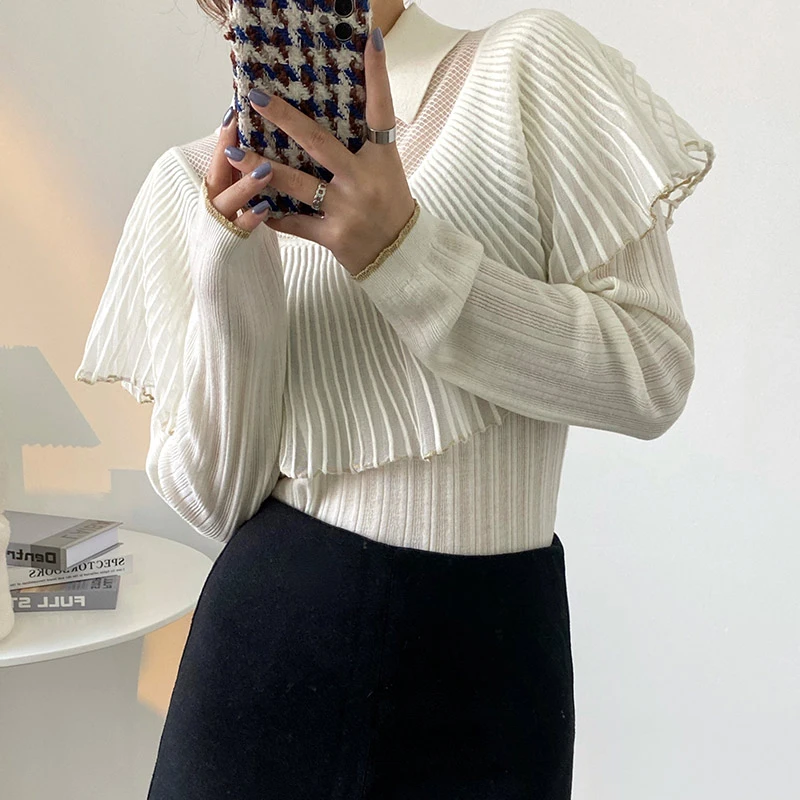 翻领镂空上衣女设计感小众荷叶外穿毛衣减龄洋气羊毛衫针织衫秋款