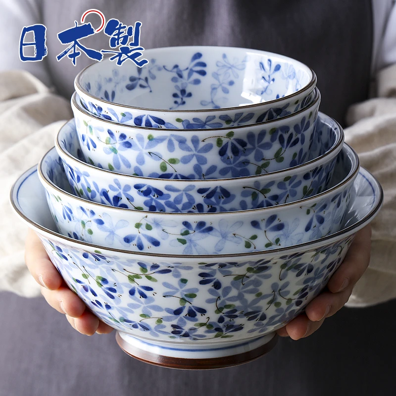 日本进口美浓烧陶瓷餐具小蓝芽高脚饭碗日式寿司菜盘子碟拉面汤碗