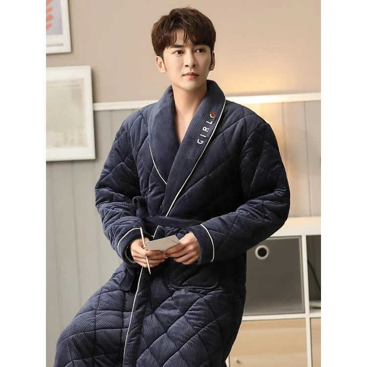 睡袍男士冬季加厚加长款法兰绒三层夹棉浴袍加绒长袍睡衣冬天男款