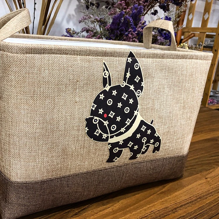 浅咖亚麻法斗犬卡通开口印花可折叠玩具收纳筐盒 尺寸 42×32×28