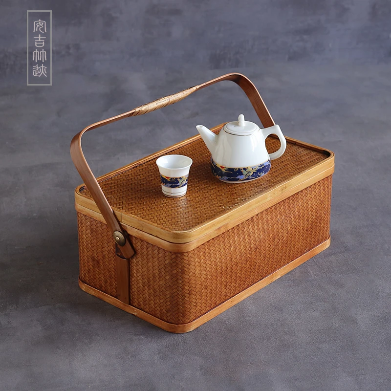 茶具收纳筐 茶桌整理盒防尘便携旅行手提竹编包大漆日式复古茶箱