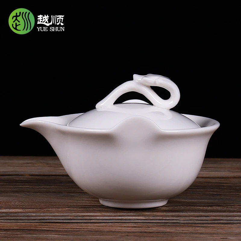 越顺德化白瓷手抓盖碗 象牙白玉瓷手抓壶 防烫手 带过滤茶壶