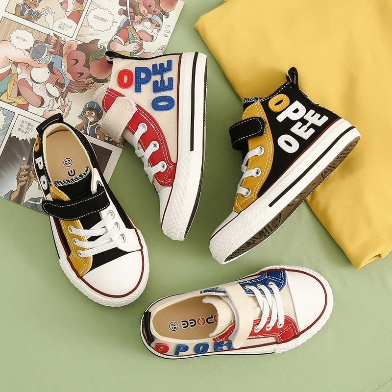 儿童帆布鞋春秋款韩版高帮字母休闲板鞋拼色时尚百搭男童女童单鞋