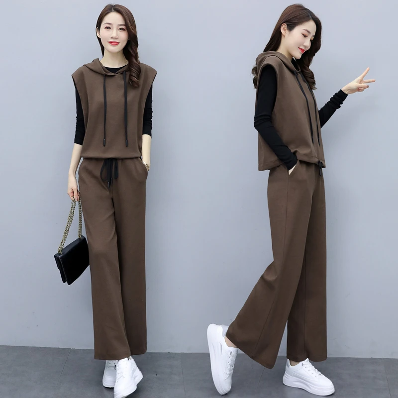 【M-3XL】时尚套装女2024春秋装新款气质显瘦阔腿裤三件套休闲洋气