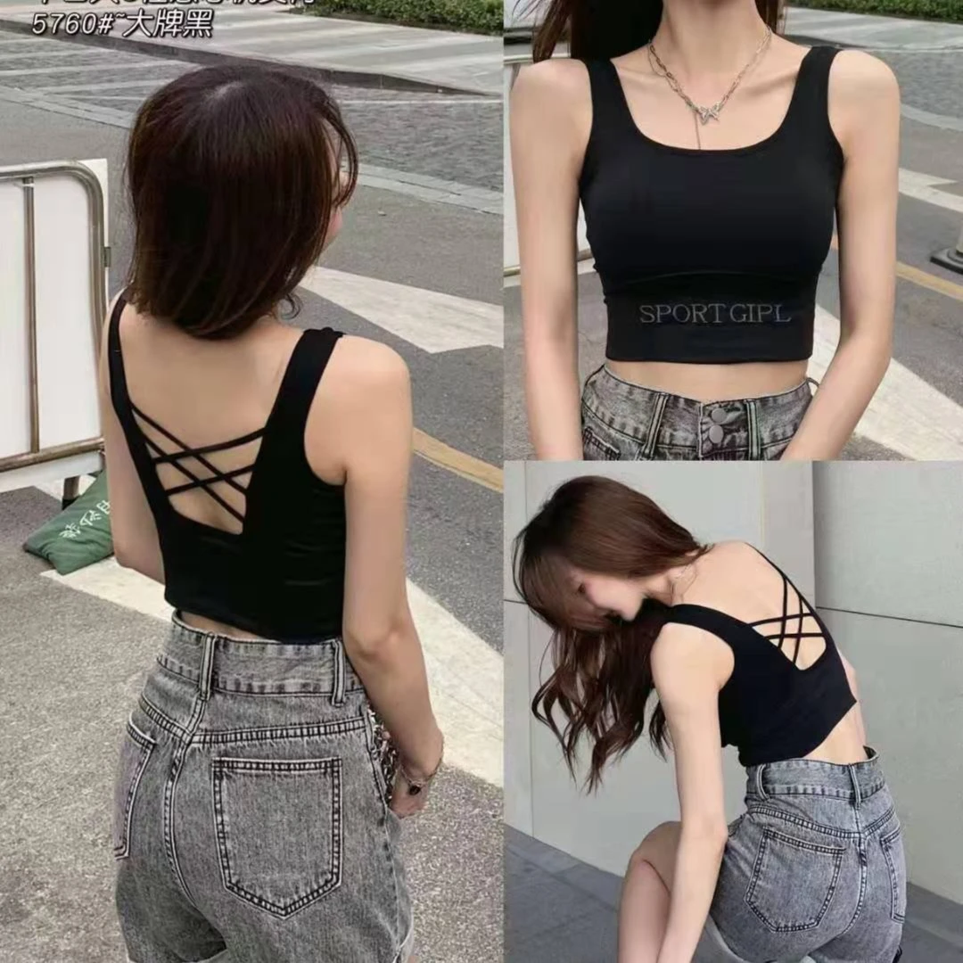 新款后背交叉运动内搭百搭美背内衣胸垫防走光吊带背心美背吊带