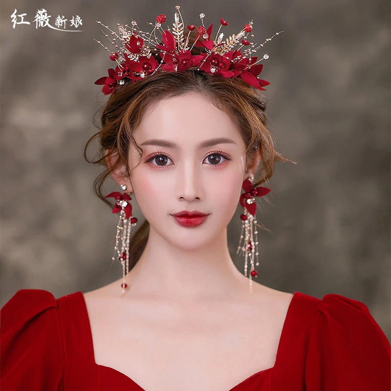 新娘红色头饰结婚敬酒服发饰2021新款森系仙气红色礼服皇冠配饰