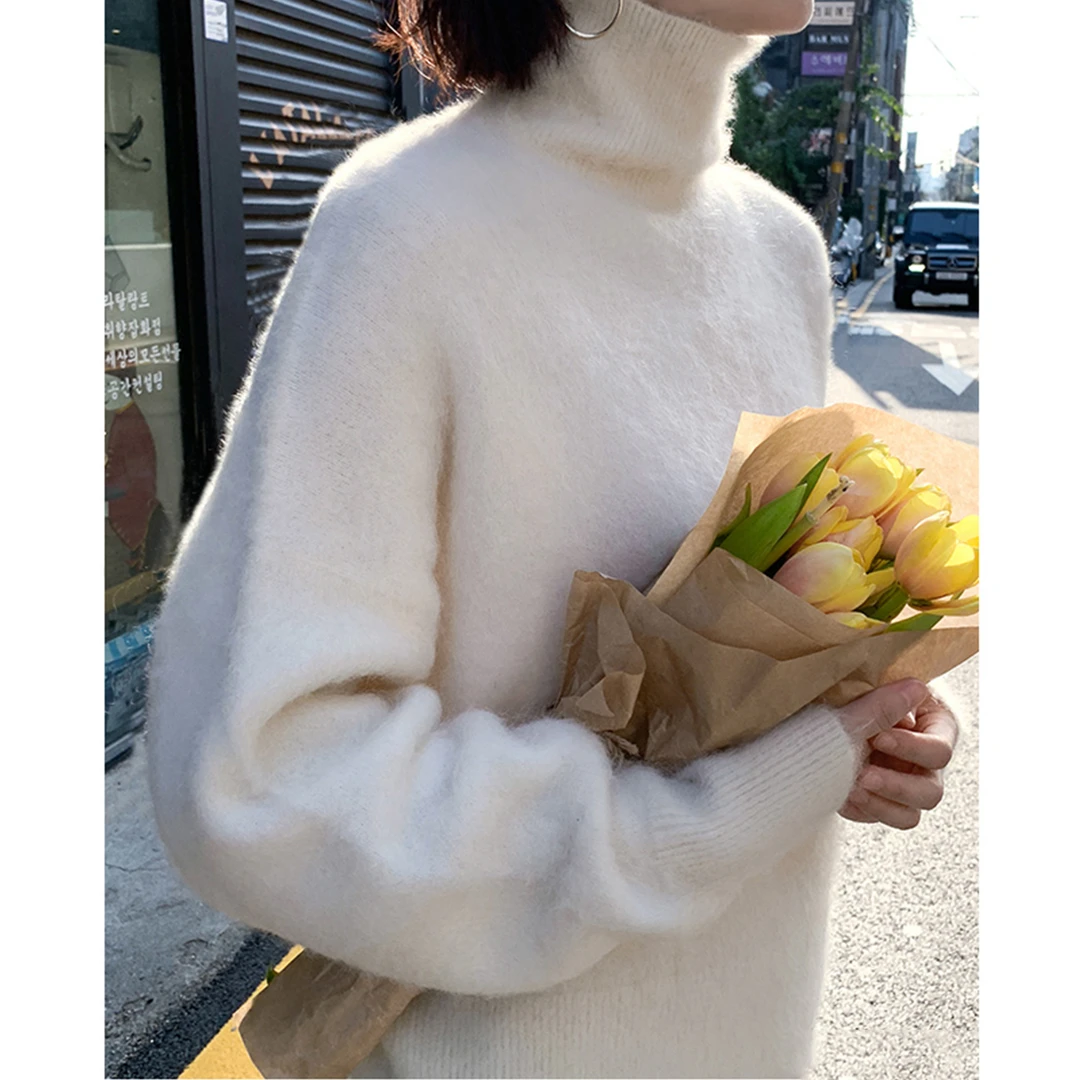 水貂绒高领软糯白色毛衣女春秋套头打底内搭外穿宽松慵懒温柔加厚