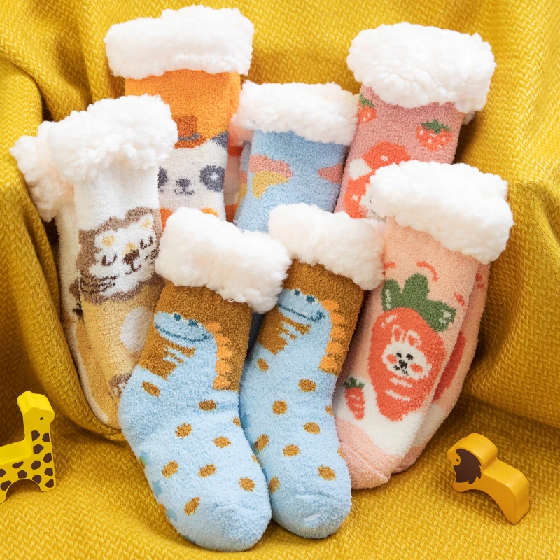 婴儿袜子冬季加厚保暖秋冬加绒幼儿宝宝儿童防滑中筒珊瑚绒地板袜