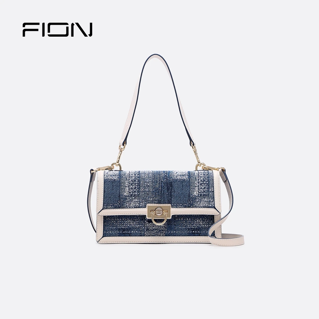 Fion/菲安妮经典时尚小众蓝色女士腋下包链条包小方包 FAAFALT002