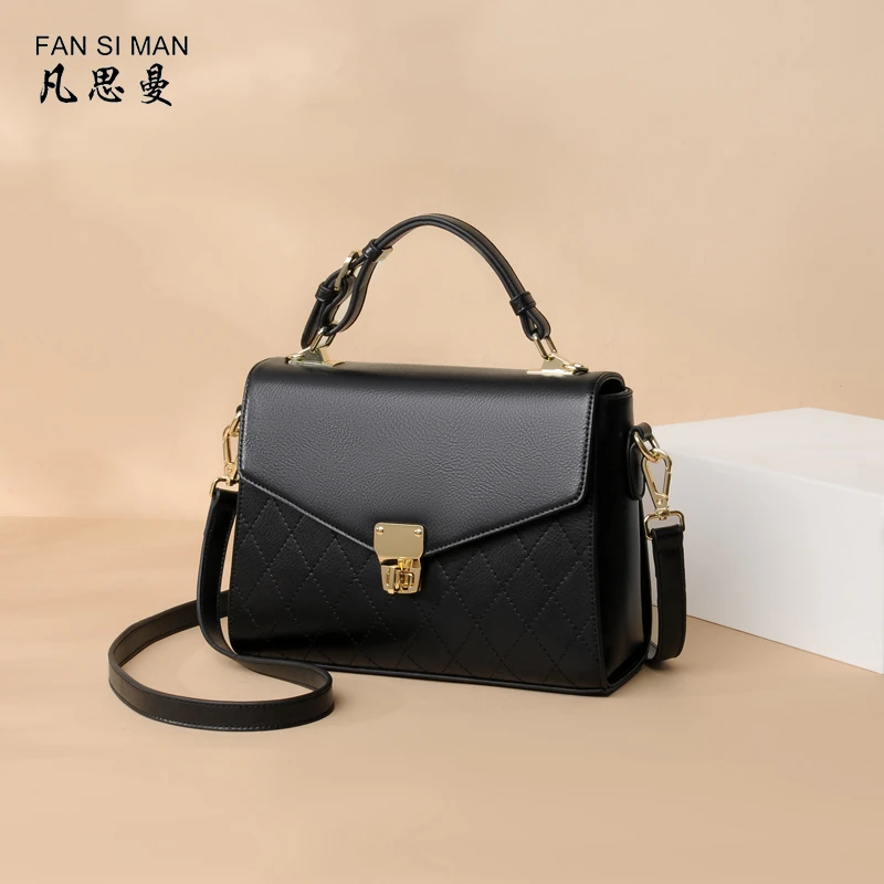 凡思曼牛皮妈妈包斜挎包时尚中年女包大容量菱格精致潮手提单肩包