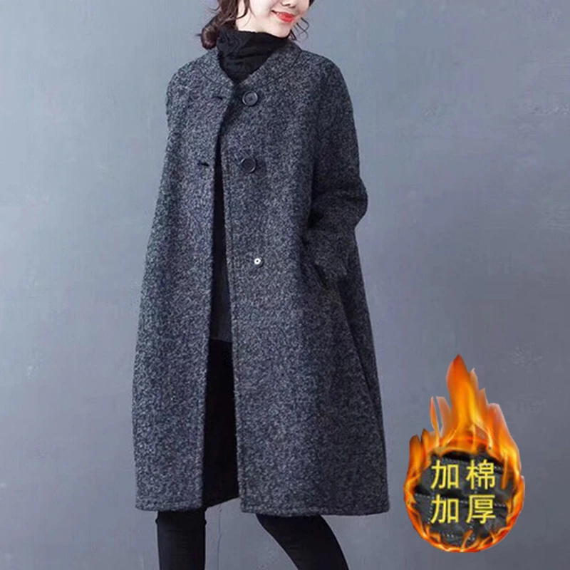 森系大码毛呢外套女宽松茧型呢子大衣气质秋冬款加棉加厚文艺风