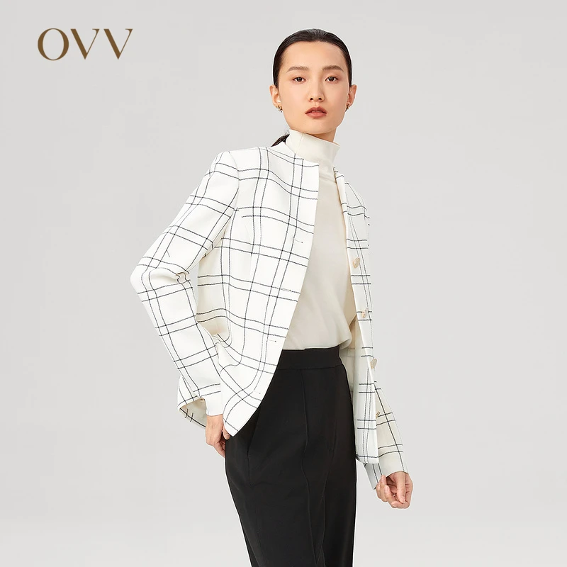 OVV秋冬新款格纹金色边珐琅扣修身夹克外套GWJFJ31107A