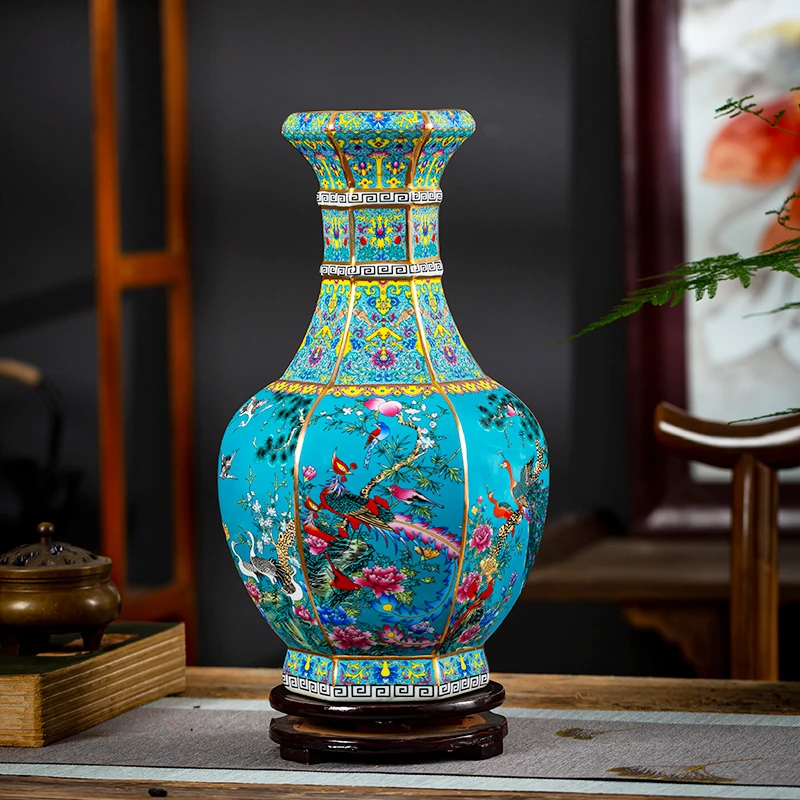 鸿轩景德镇陶瓷器珐琅彩插花瓶摆件中式家居样板房电视柜装饰品