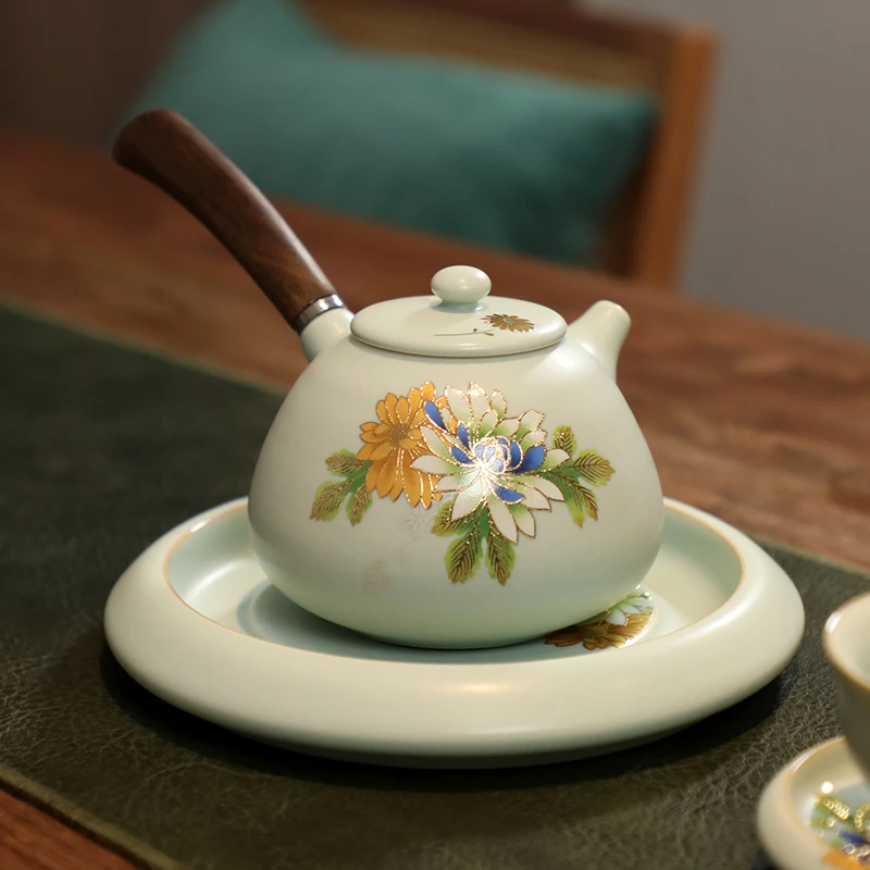 成艺 汝窑描金趴花工艺侧把壶 清雅凝香天青侧把壶中式家用茶壶