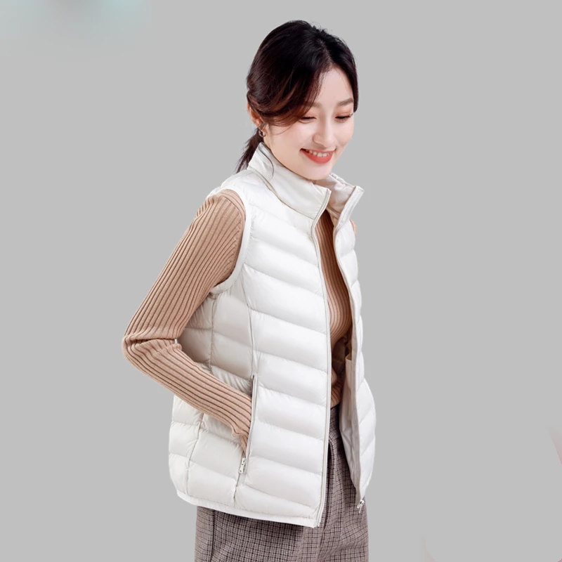 凡尔秀秋冬轻薄短款立领羽绒服女白鸭绒保暖坎肩背心女士羽绒马甲