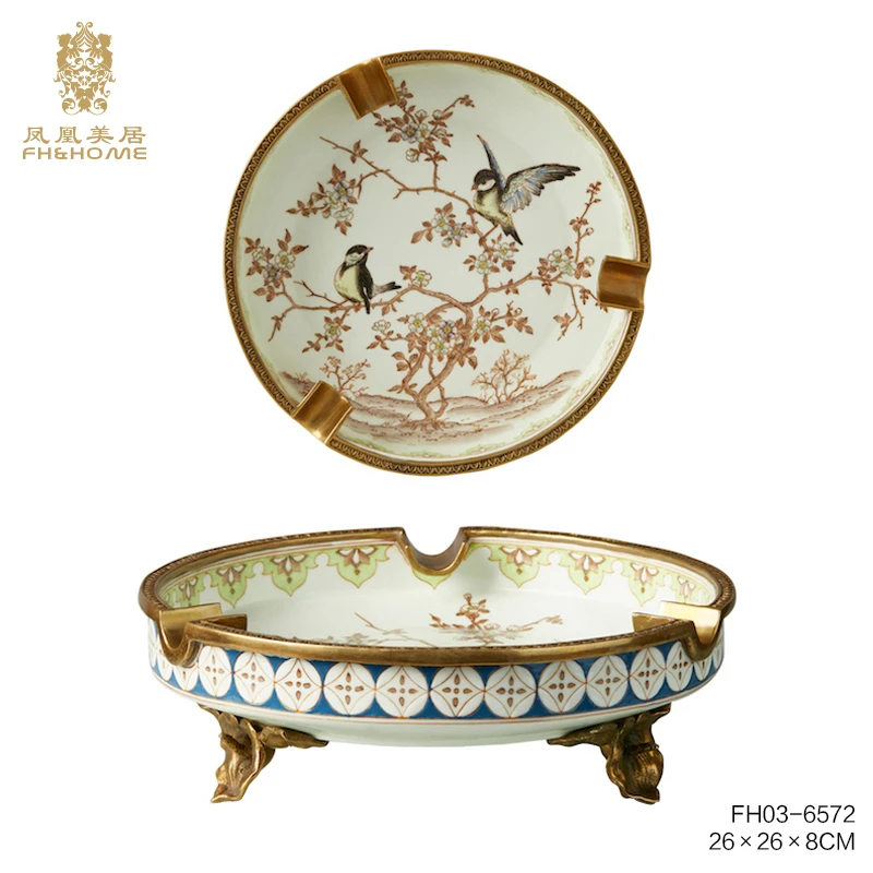 FH&HOME/凤凰美居欧式春喜系列烟灰缸圆形彩绘米黄色小雀鸟雪茄缸
