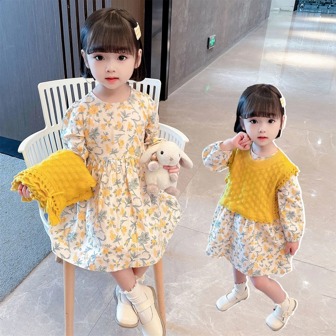 黄色针织马甲碎花裙二件套裙儿童蕾丝女童洋气泡泡袖小童女宝韩版