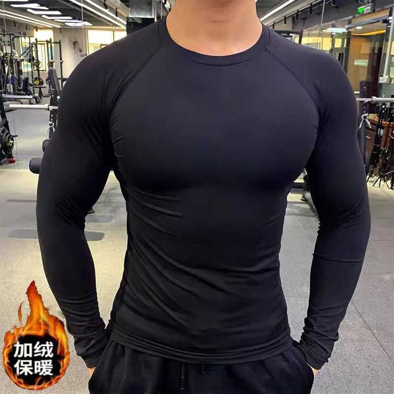 加绒保暖紧身衣男圆领纯黑色健身训练长袖跑步训练服弹力速干上衣