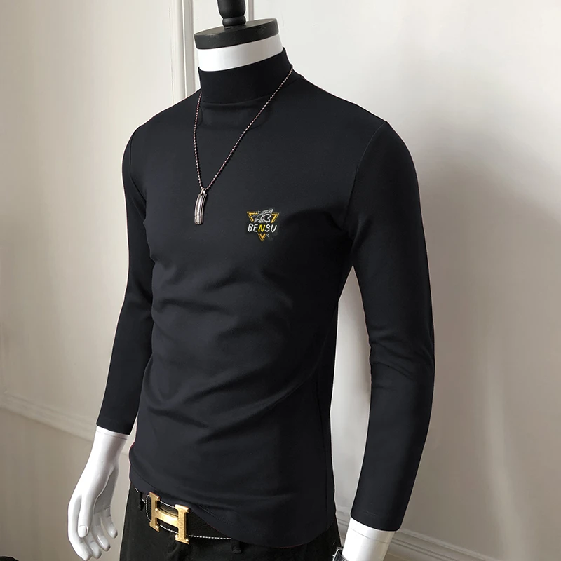 半高领长袖T恤男加绒加厚修身莫代尔打底衫中领秋冬季男装上衣潮