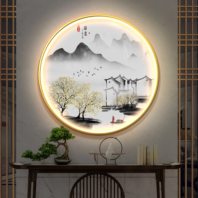 新中式玄关过道装饰画圆形茶室挂画风景山水壁画客厅背景墙