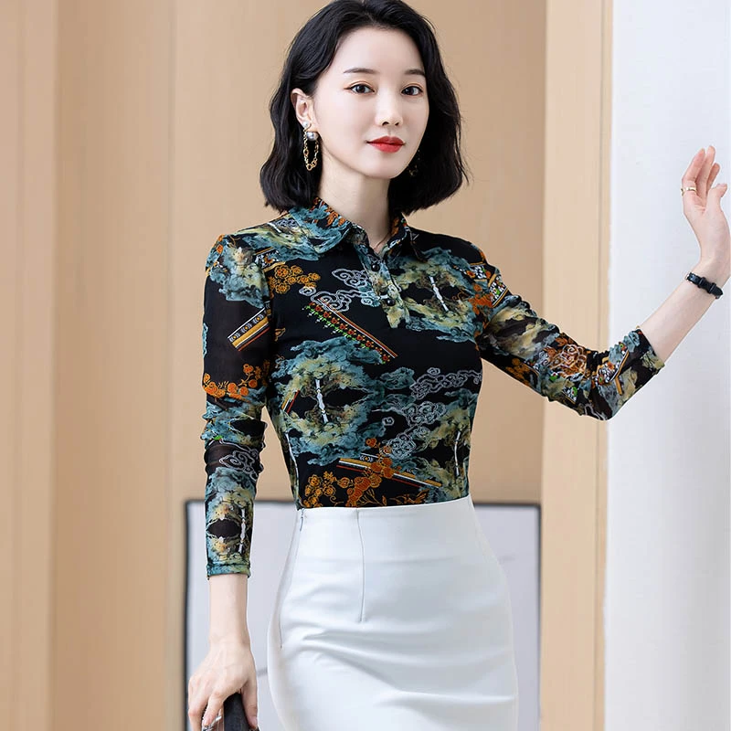春秋打底衫女长袖2025年新款祥云印花弹力修身洋气网纱长袖上衣