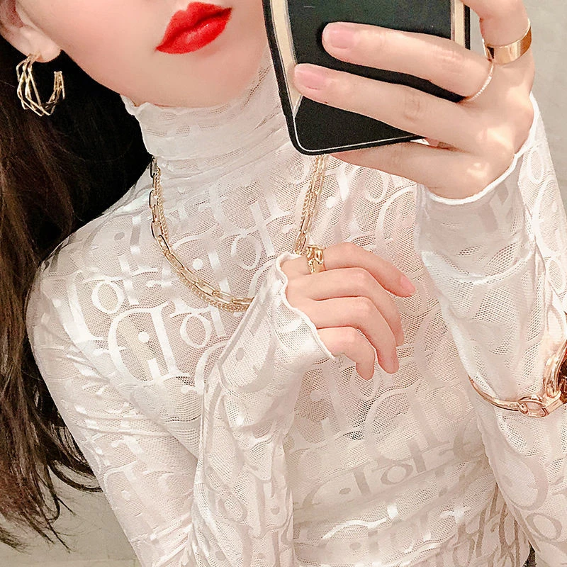 高领蕾丝打底衫女春秋冬内搭字母薄款网纱上衣木耳边透视炸街纱衣