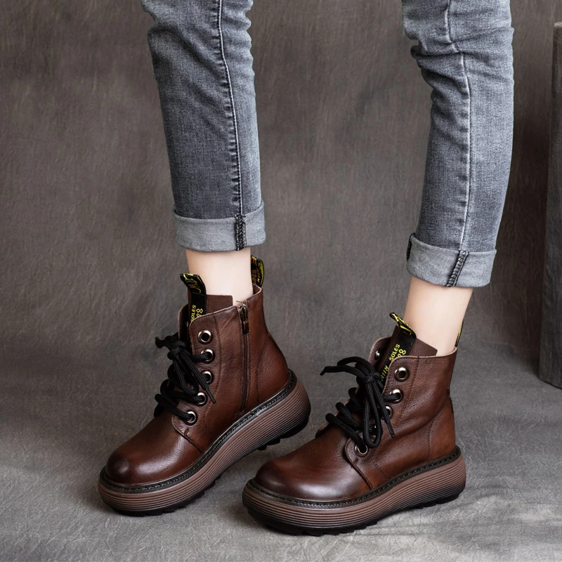 bm811秋冬新款帅气英伦系带厚底坡跟短靴骑士靴侧拉链马丁靴