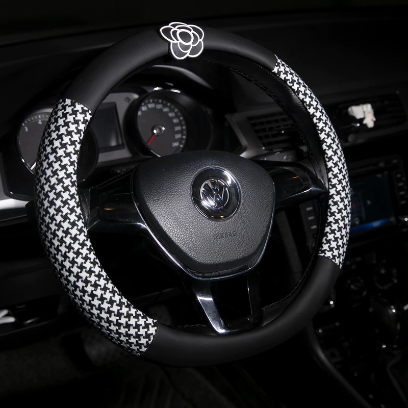 山茶花皮拼千鸟格汽车方向盘套女士女生通用把套时尚透气超纤吸汗