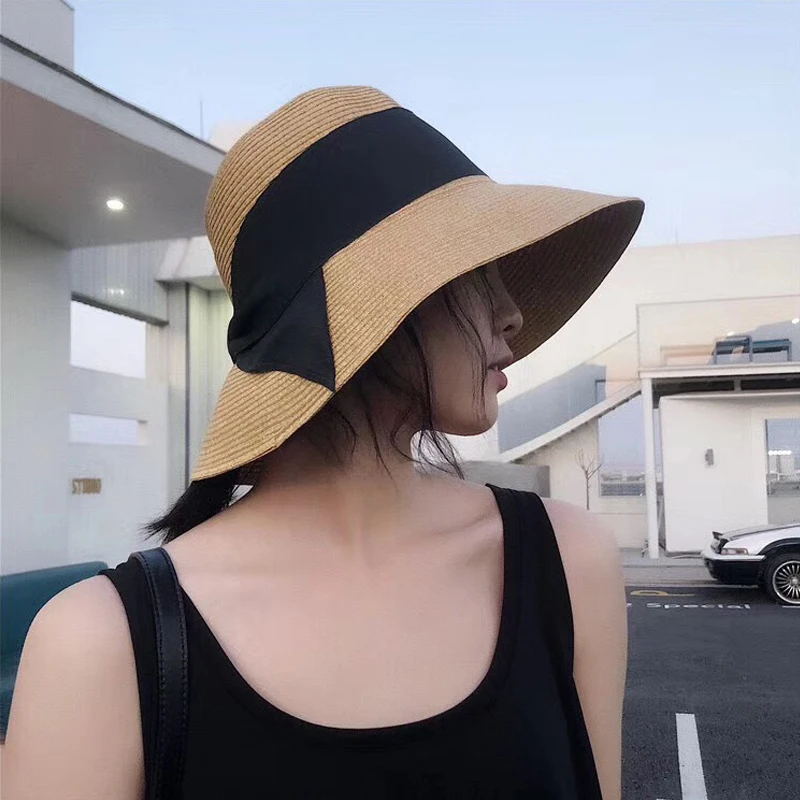 孙俪同款日系遮阳渔夫帽纯色可折叠蝴蝶结草帽小清新太阳帽子女夏