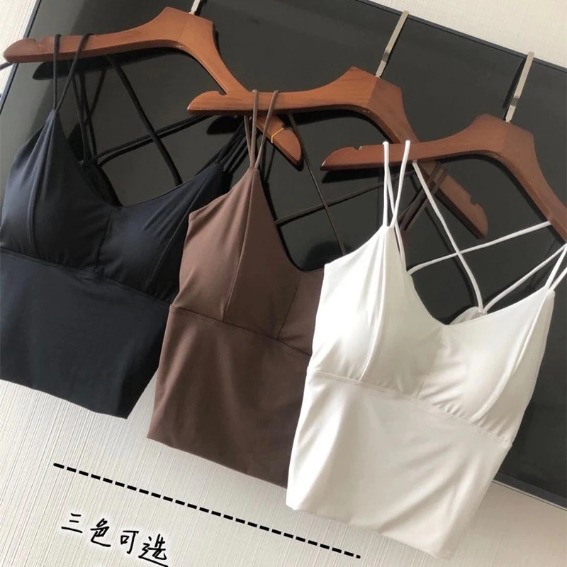 冰丝无痕美背吊带背心内衣女中长款防走光内搭双肩带交叉抹胸上衣