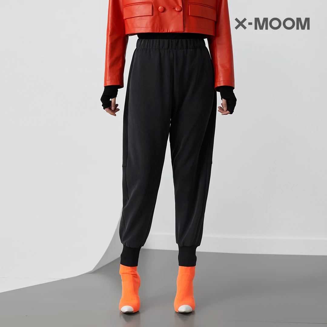 X-MOOM2021年秋季商场同款新款分割线黑色收脚休闲裤ZTQNZ15772