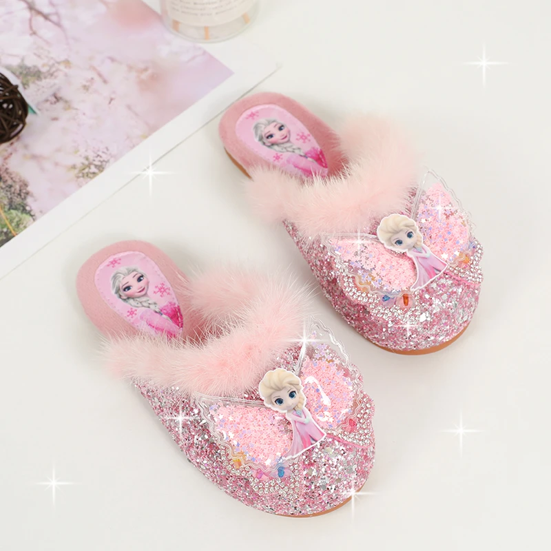 女童拖鞋2021冬季新款毛拖爱莎公主室内棉拖真毛小女孩加绒毛拖鞋