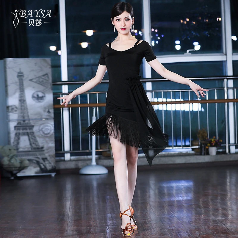拉丁舞服装黑色 性感新款练功短袖流苏连衣裙表演出比赛YQ308裙子
