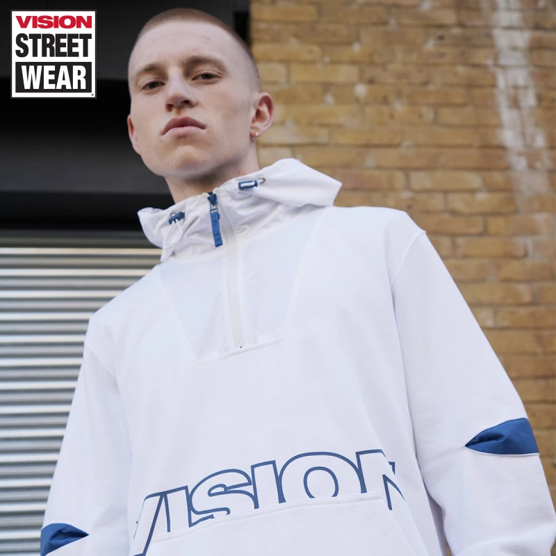 VISION 街头复古百搭长袖拼接休闲连帽防风保暖套头冬秋季男上衣
