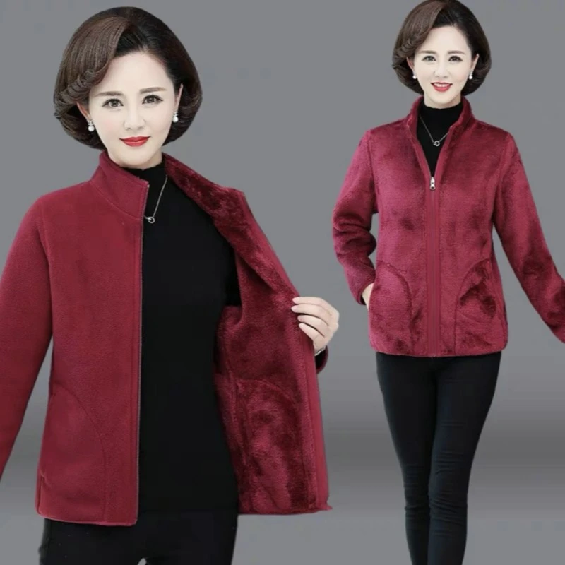 冬装休闲立领加绒保暖双面穿纯色夹克外套妈妈装中老年女装上衣