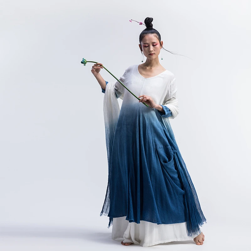 花椿詩意原创设计扎染连衣裙春夏新款v领收腰不规则宽松大摆长裙