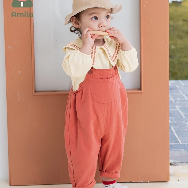 啊咪啦美育童装春秋宝宝休闲气质显白衬肤背带裤套装两件套ATZ467