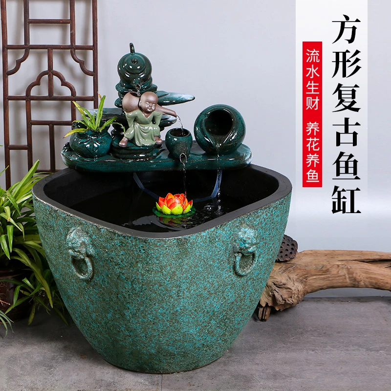 陶瓷鱼缸落地家用客厅循环流水鱼缸庭院阳台办公招财摆件养金鱼缸