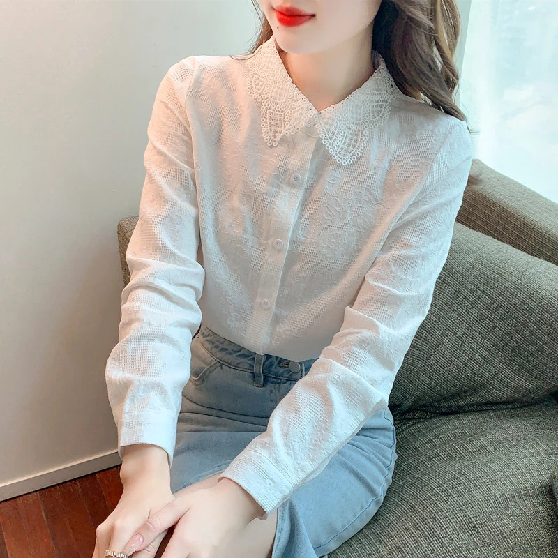 春款女装2025年新款提花刺绣纯棉衬衫女洋气全棉女士衬衣白色上衣