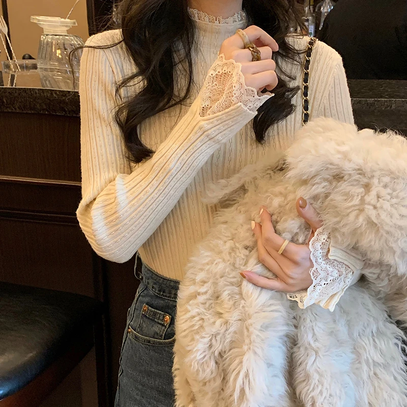 蕾丝花边半高领打底衫女内搭长袖秋冬2023新款毛衣针织衫修身上衣