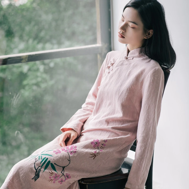 梵家日常 手绘旗袍中国风连衣裙中裙怀旧女装厚款裙子