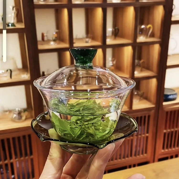 150ml拼色玻璃盖碗耐高温高硼硅玻璃功夫茶具三才盖碗茶杯泡茶杯