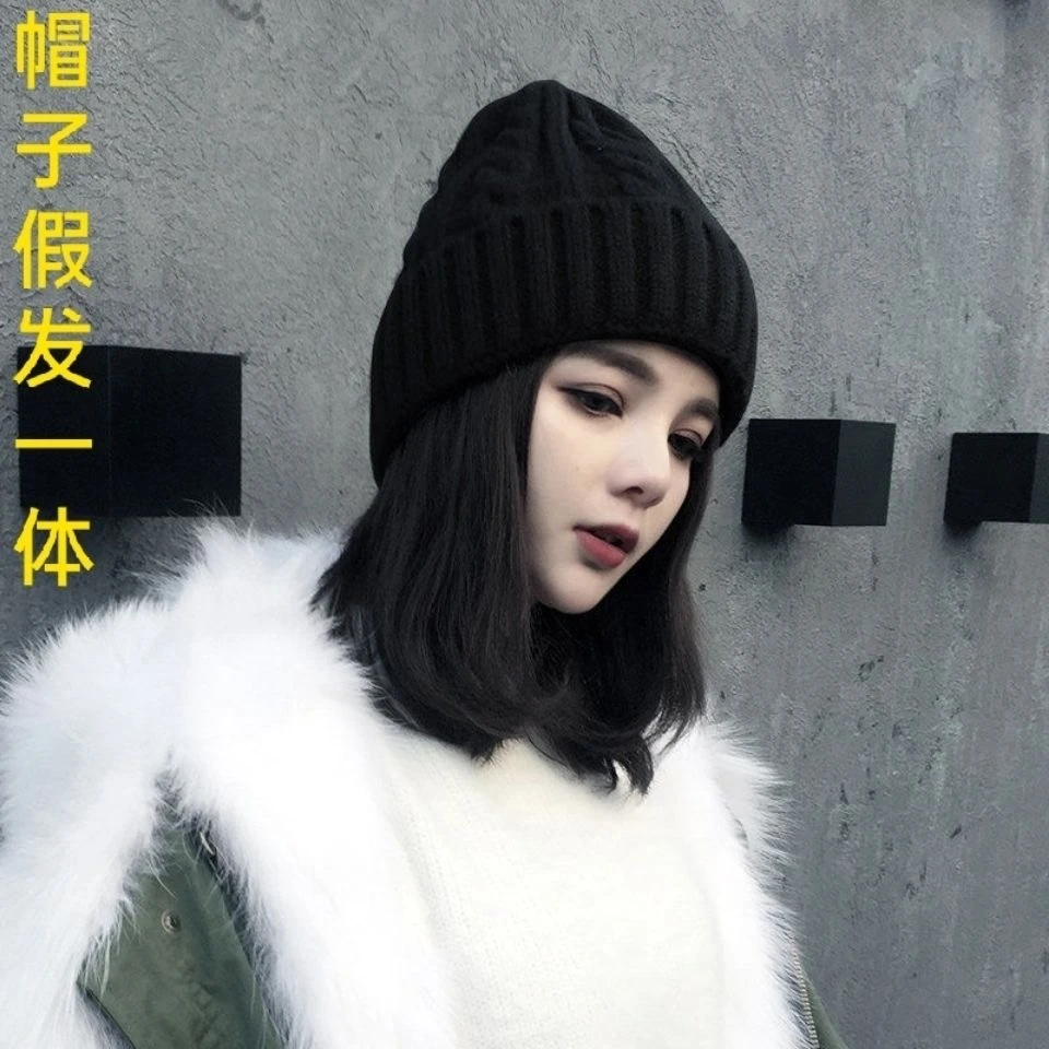 帽子假发一体女齐肩短发冬季新款时尚针织帽子百搭可爱加厚假发套