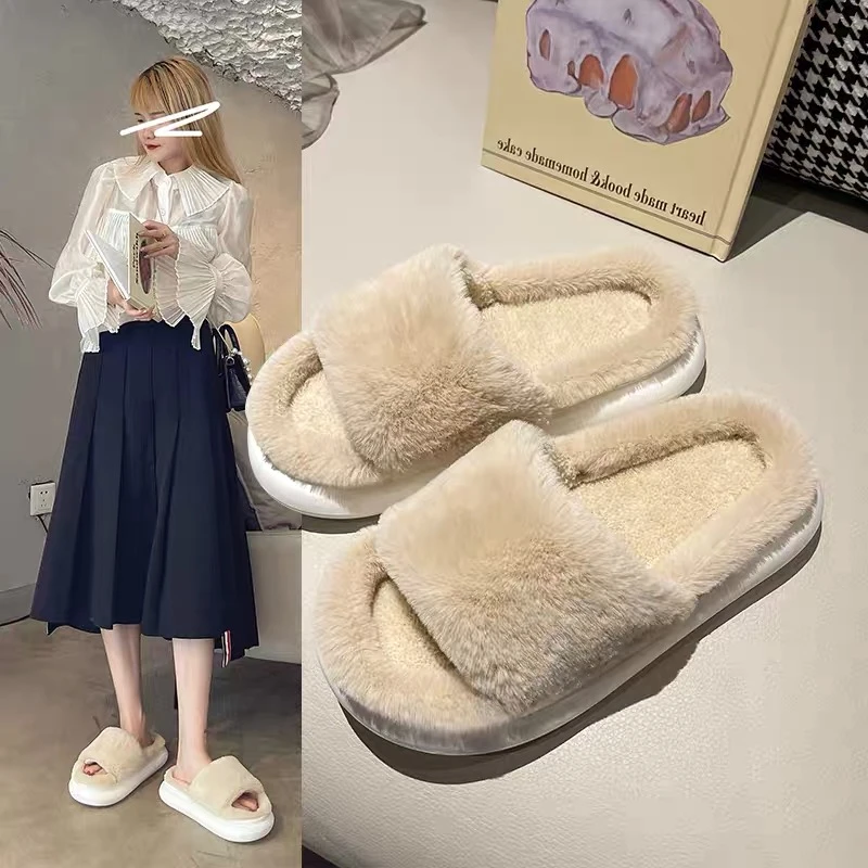 【维维同款】毛毛棉鞋简约纯色毛绒拖鞋居家情侣可爱露趾拖鞋3413