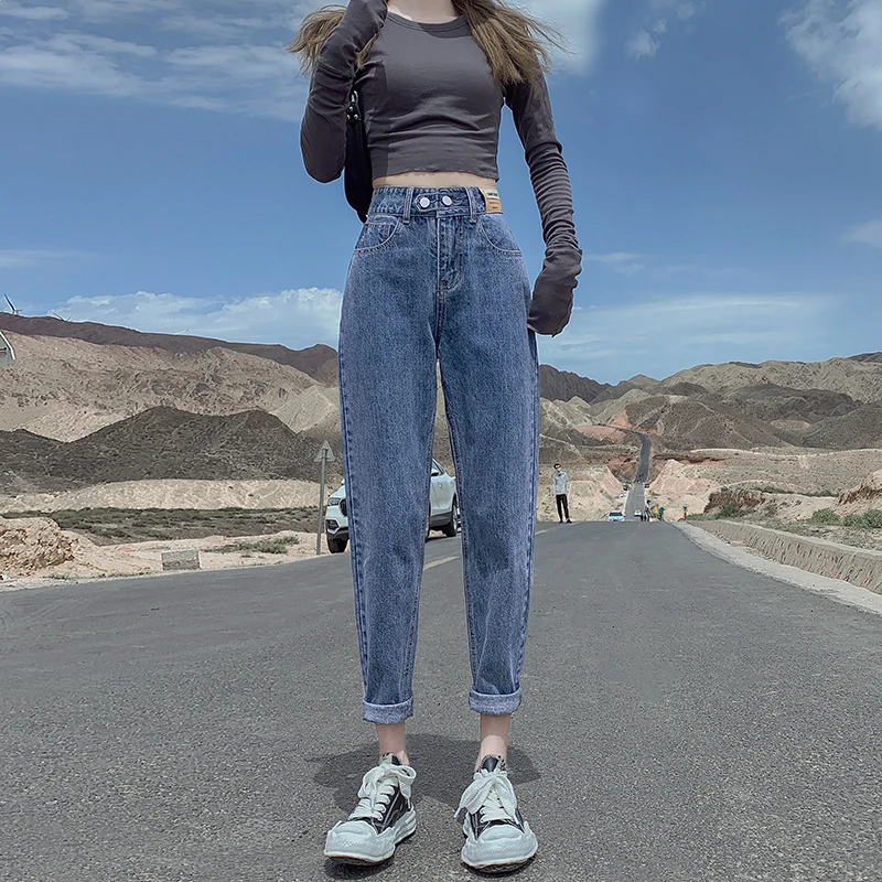 2025春款高腰小个子新款牛仔裤女显瘦宽松九分萝卜八分哈伦老爹裤